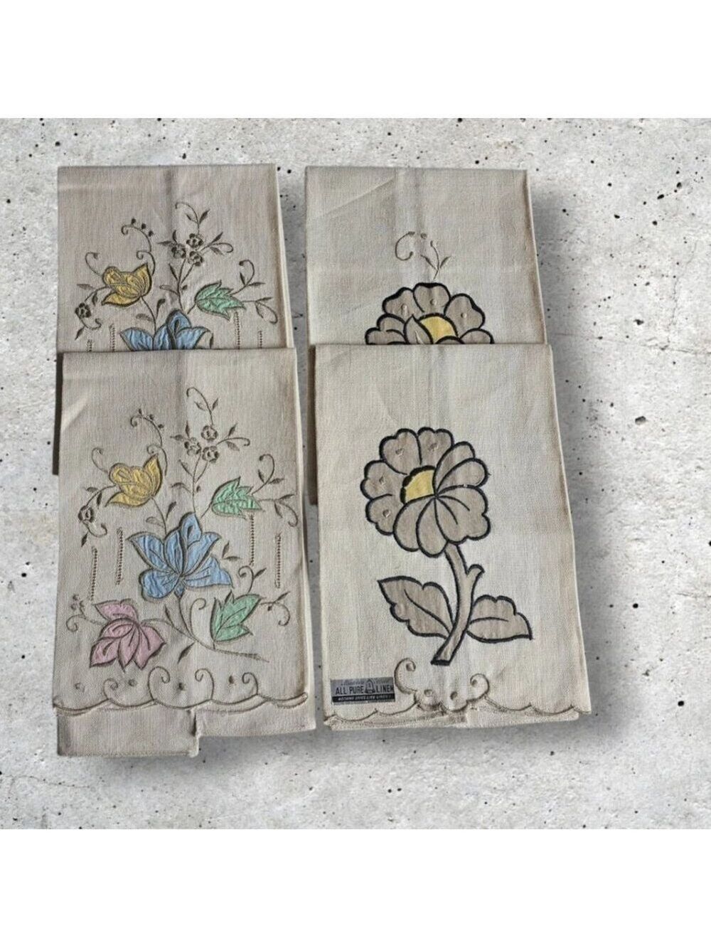 Bundle 4 Madeira Maid Linen Tea Towels Napkins 4 Embroidered Flower Leaf Spring